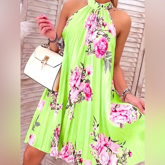 Elegant Lime/Mint and Pink Floral Pleated Dress, NWOT - Picture 1 of 4